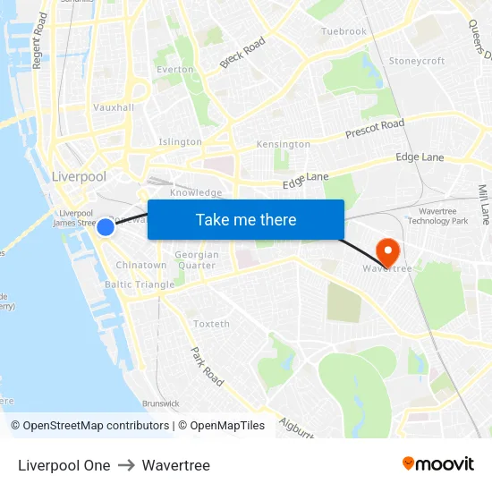 Liverpool One to Wavertree map