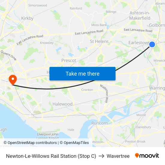 Newton-Le-Willows Rail Station to Wavertree map