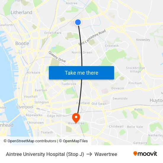 Aintree University Hospital to Wavertree map