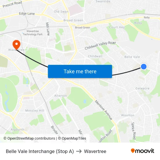 Belle Vale Interchange to Wavertree map