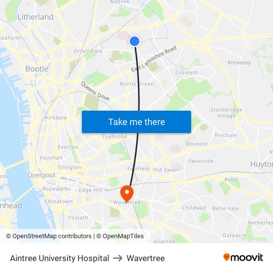 Aintree University Hospital to Wavertree map