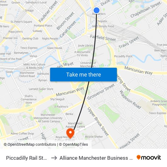 Piccadilly Rail Station to Alliance Manchester Business School map