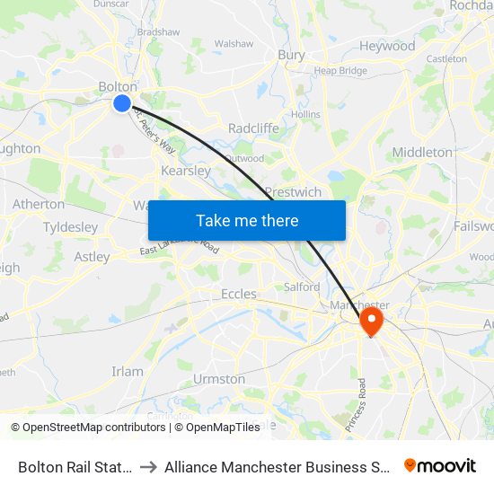 Bolton Rail Station to Alliance Manchester Business School map