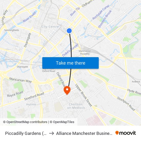 Piccadilly Gardens (Stop Q) to Alliance Manchester Business School map