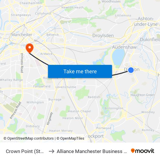 Crown Point (Stop E) to Alliance Manchester Business School map