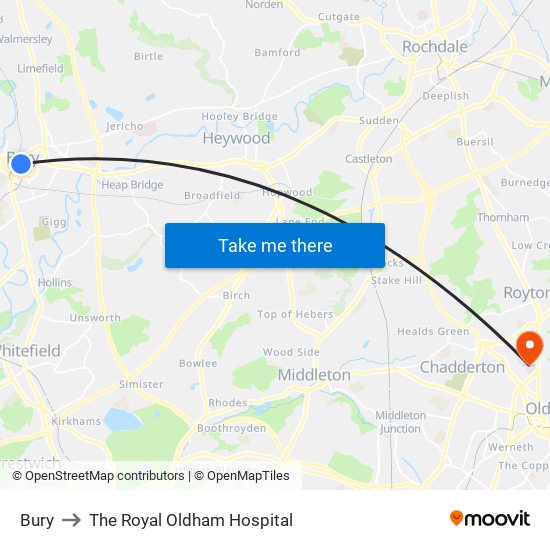 Bury to The Royal Oldham Hospital map