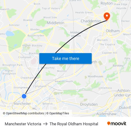 Manchester Victoria to The Royal Oldham Hospital map