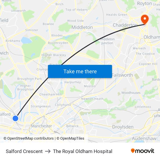 Salford Crescent to The Royal Oldham Hospital map