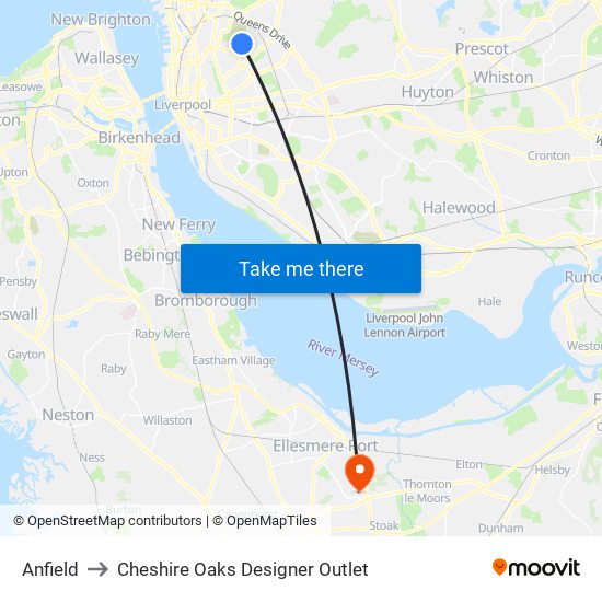 Map Of Cheshire Oaks Anfield, Liverpool To Cheshire Oaks Designer Outlet, Ellesmere Port With  Public Transportation