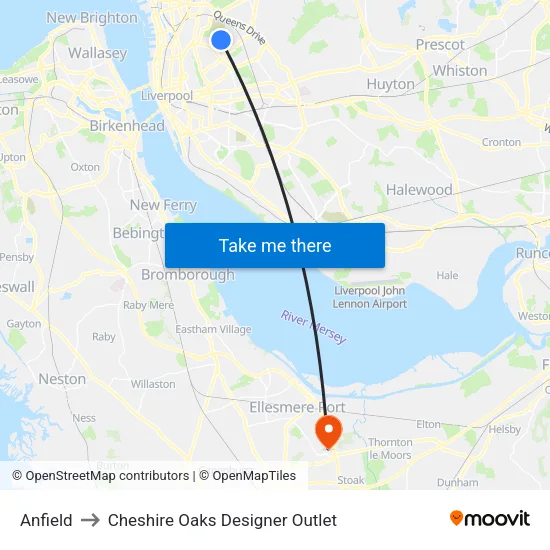 Anfield to Cheshire Oaks Designer Outlet map