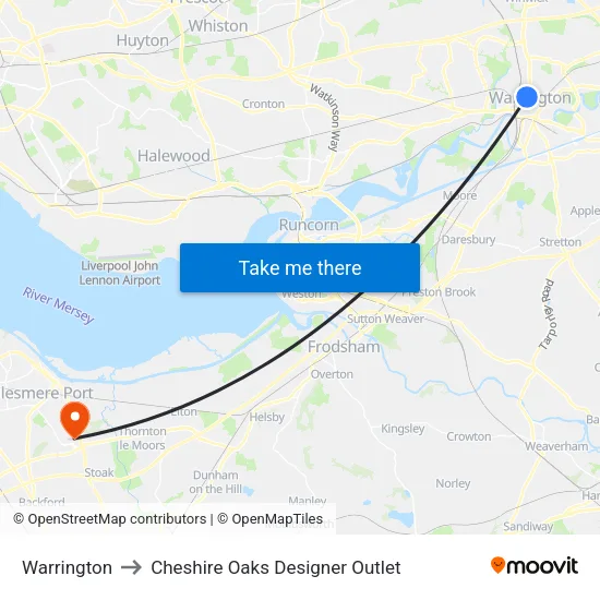 Warrington to Cheshire Oaks Designer Outlet map