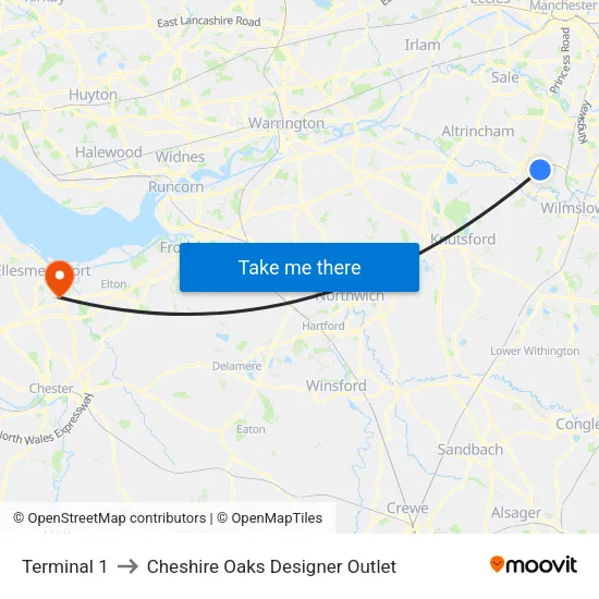 Terminal 1 to Cheshire Oaks Designer Outlet map