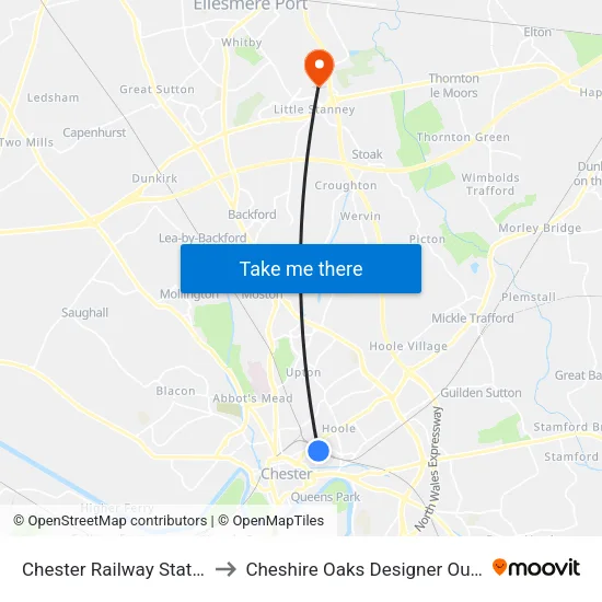 Chester Railway Station to Cheshire Oaks Designer Outlet map