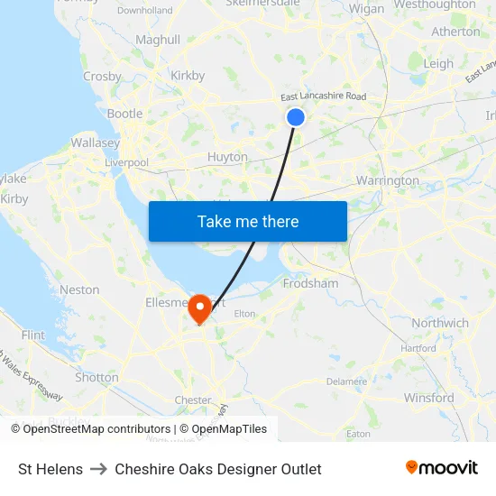 St Helens to Cheshire Oaks Designer Outlet map