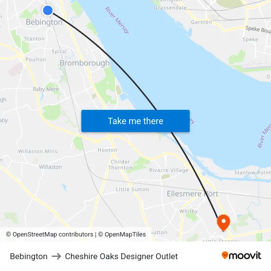 Bebington to Cheshire Oaks Designer Outlet map