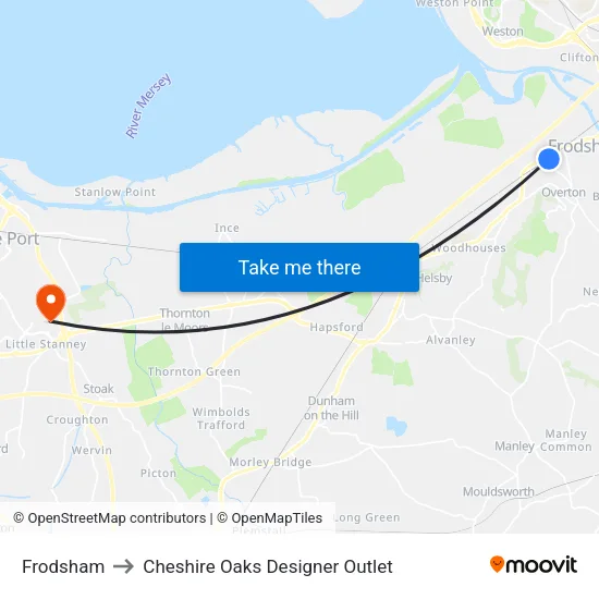 Frodsham to Cheshire Oaks Designer Outlet map