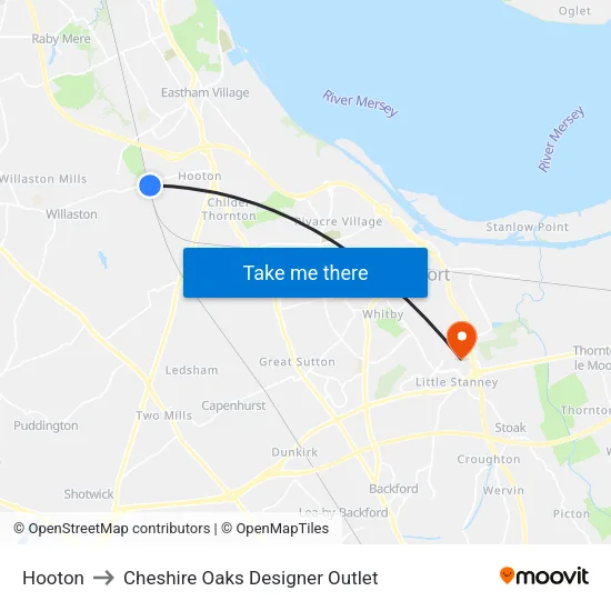 Hooton to Cheshire Oaks Designer Outlet map