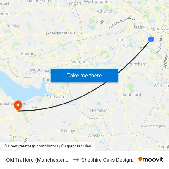 Old Trafford (Manchester Metrolink) to Cheshire Oaks Designer Outlet map