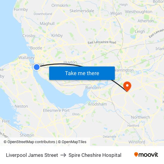 Liverpool James Street to Spire Cheshire Hospital map