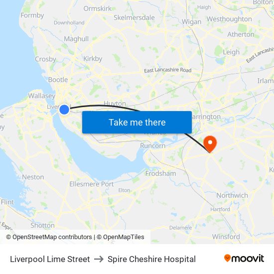 Liverpool Lime Street to Spire Cheshire Hospital map