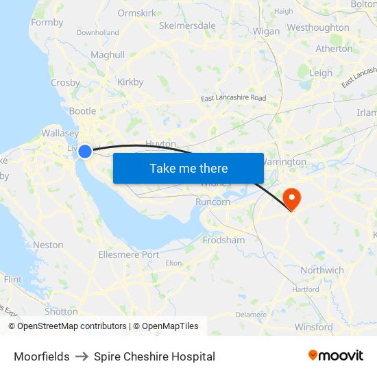 Moorfields to Spire Cheshire Hospital map