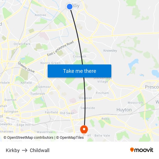 Kirkby to Childwall map