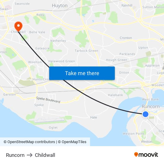 Runcorn to Childwall map