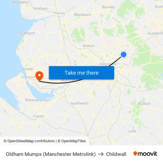 Oldham Mumps (Manchester Metrolink) to Childwall map