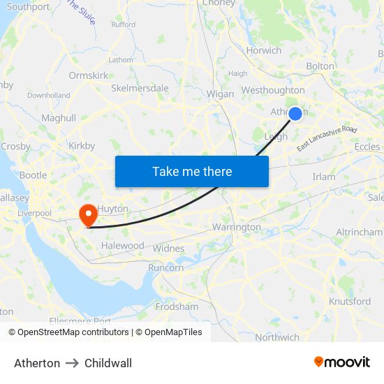 Atherton to Childwall map
