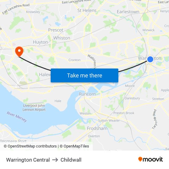 Warrington Central to Childwall map