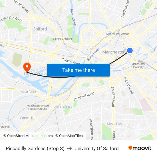 Piccadilly Gardens (Stop S) to University Of Salford map