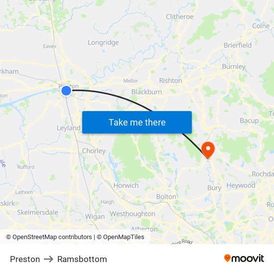 Preston to Ramsbottom map