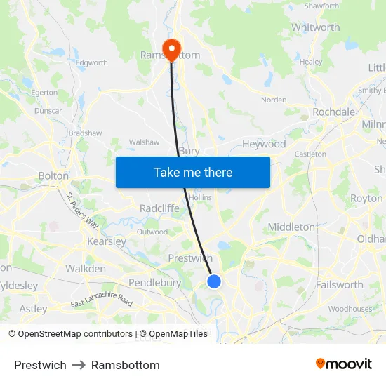Prestwich to Ramsbottom map
