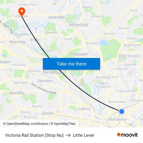 Victoria Rail Station (Stop Nu) to Little Lever map