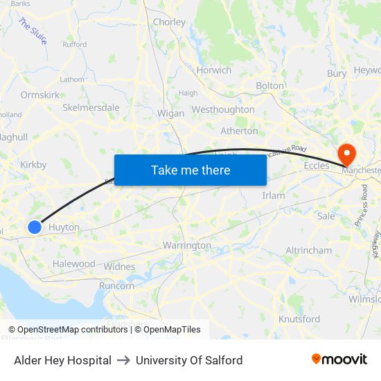 Alder Hey Hospital to University Of Salford map