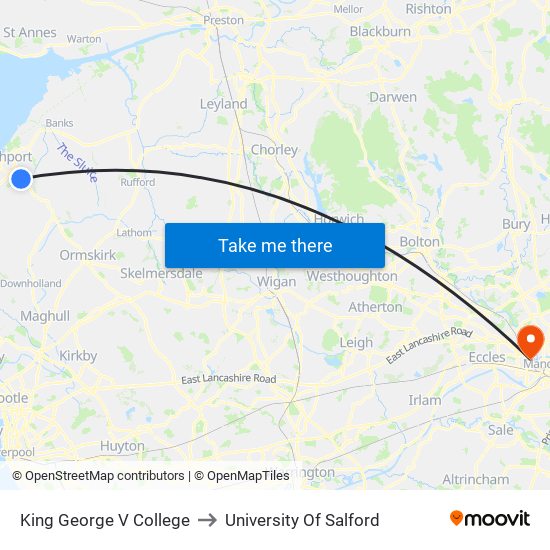 King George V College to University Of Salford map