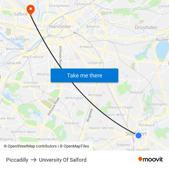 Piccadilly to University Of Salford map