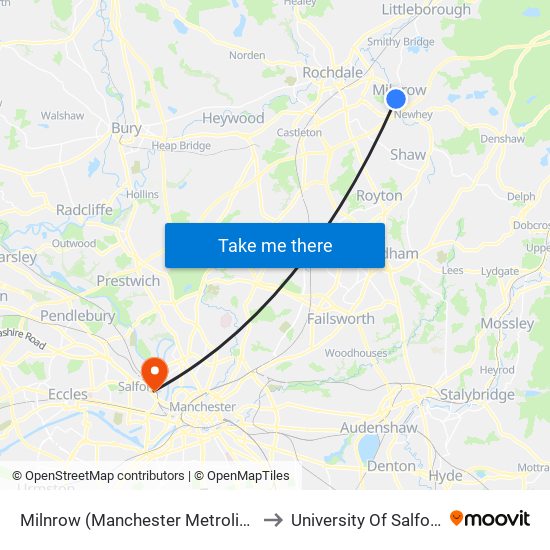 Milnrow (Manchester Metrolink) to University Of Salford map