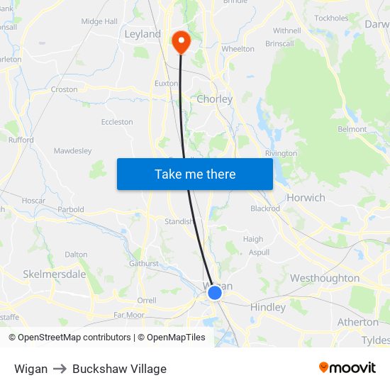 Wigan to Buckshaw Village map