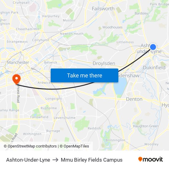 Ashton-Under-Lyne to Mmu Birley Fields Campus map