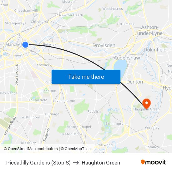 Piccadilly Gardens (Stop S) to Haughton Green map