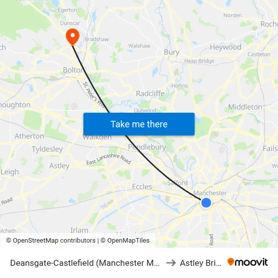 Deansgate-Castlefield (Manchester Metrolink) to Astley Bridge map