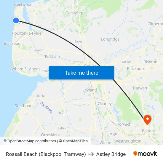 Rossall Beach (Blackpool Tramway) to Astley Bridge map