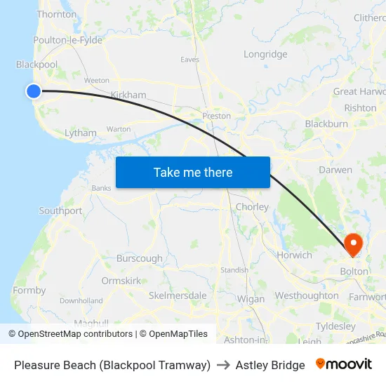 Pleasure Beach (Blackpool Tramway) to Astley Bridge map