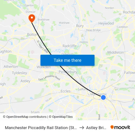 Manchester Piccadilly Rail Station to Astley Bridge map