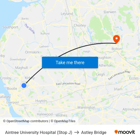Aintree University Hospital to Astley Bridge map
