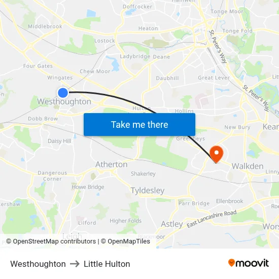 Westhoughton to Little Hulton map