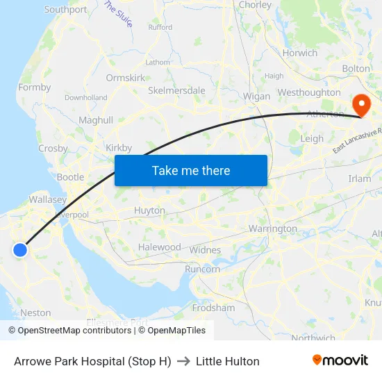Arrowe Park Hospital to Little Hulton map