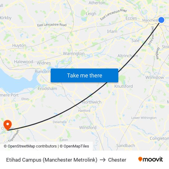 Etihad Campus (Manchester Metrolink) to Chester map