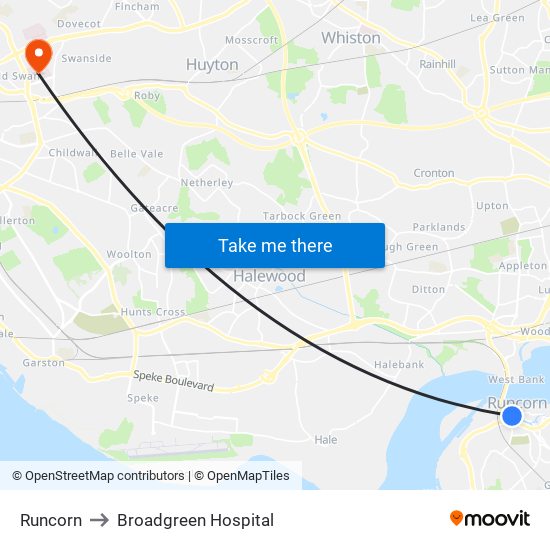 Runcorn to Broadgreen Hospital map